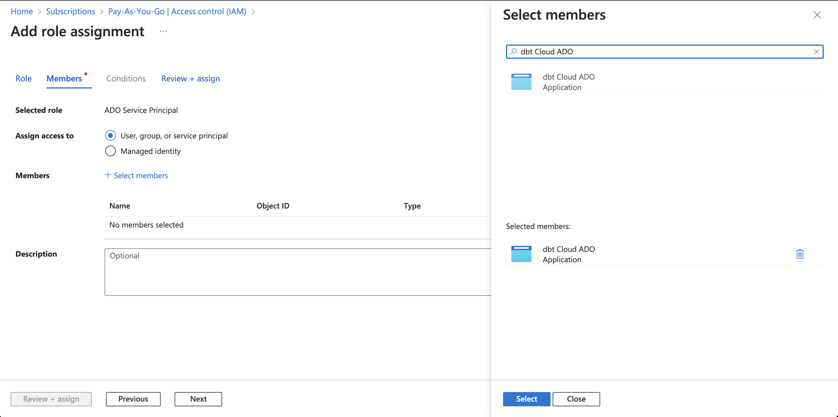 The dbt Cloud ADO app in the member’s section. The dbt Cloud ADO app in the member’s section.